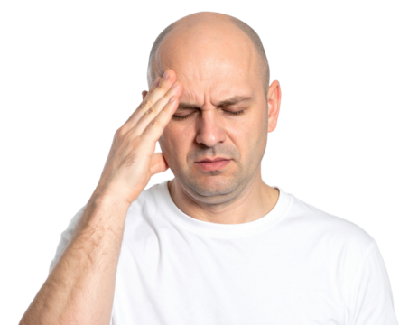 Stressed Bald Man Touching Forehead with Eyes Closed, Frontal View, Isolated Transparent Background PNG
