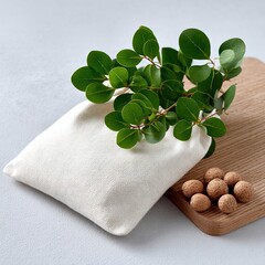 Close-up of Reusable Fabric Pouch with Natural Elements on Wooden Board
