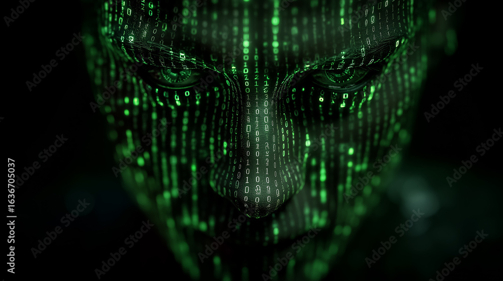 Aufkleber face emerging from binary code streams in digital world