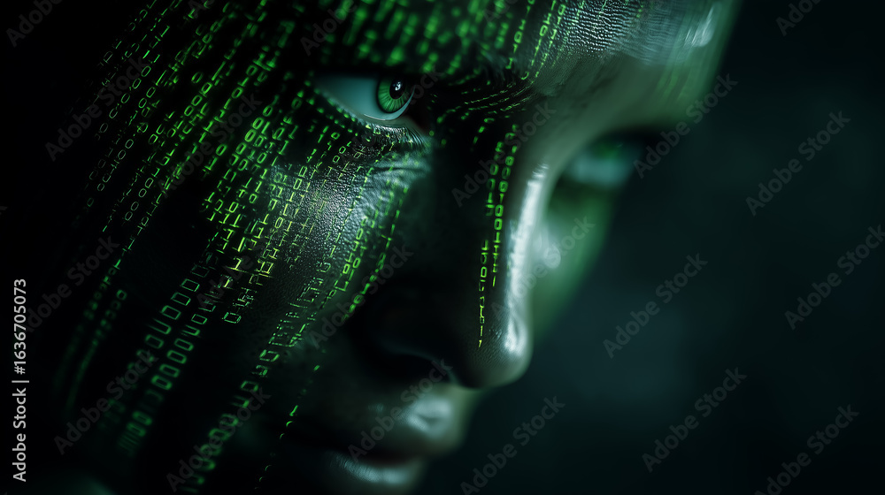 Poster woman with binary code projected on face embracing future technology