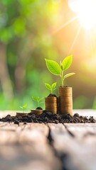 Small green plants sprout from increasing stacks of golden coins, symbolizing financial growth and sustainable investment. This image represents savings, prosperity, and environmental care under brigh