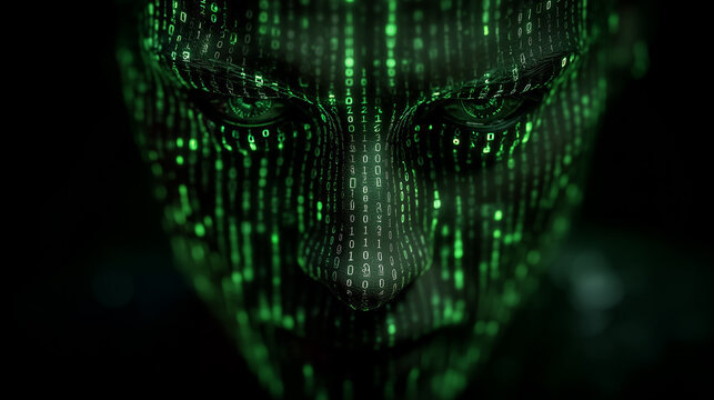 Face emerging from binary code streams in digital world - Powered by Adobe