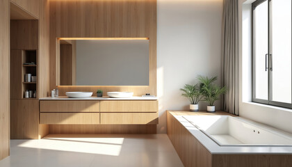 Modern bathroom with wood accents, clean lines, natural light, plants. Features sleek vanity with undermount sinks, large mirror with warm lighting, spacious soaking tub beside large window. Offers