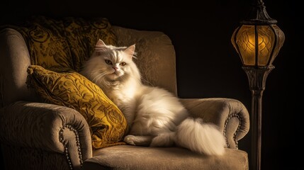 White cat rests comfortably on a plush armchair with ornate pillows beside a glowing lamp