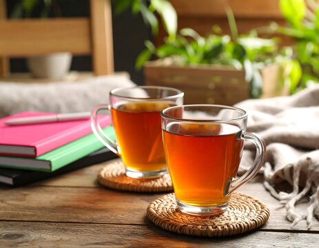 Cozy tea time on a wooden table