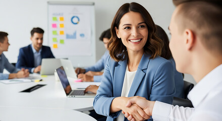 Obraz premium A joyous moment of corporate success is captured as a happy businesswoman shakes hands with the CEO, receiving a round of applause from the leadership team seated around a conference table.