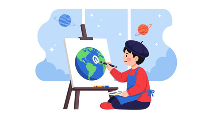 Creative young artist painting earth on canvas in space themed studio illustration