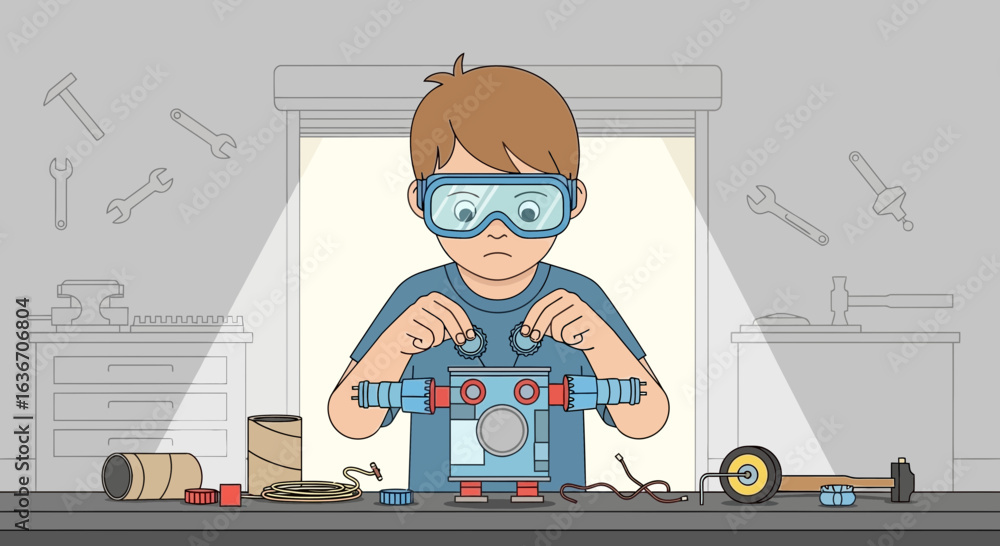 Poster creative youngster engaged in constructing a robot from recycled materials