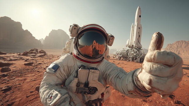 Astronaut showing thumbs up sign after landing on mars near spaceship