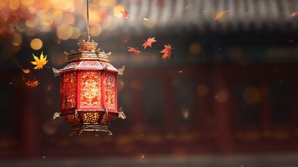 Warmly lit red and gold lantern in autumn setting, ideal for cultural documentaries or historical site marketing.