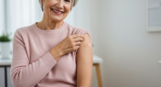 Smiling senior woman showing bandage after vaccination