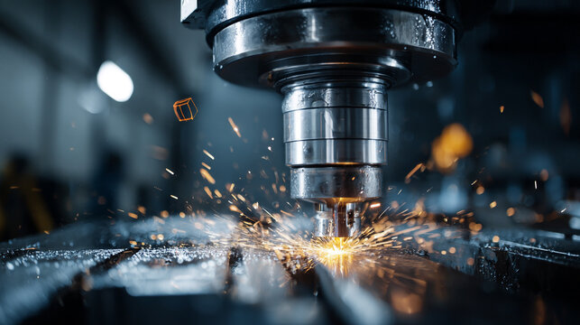 Precision CNC Machining with Spark Emanating from Milling Machine Tool in Action in Industrial Workshop Environment