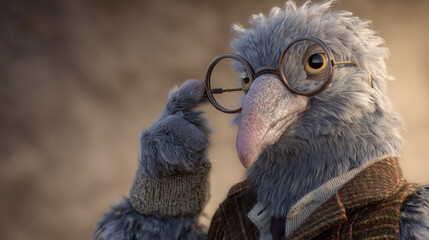 Intelligent shoebill bird professor wearing round glasses is thinking