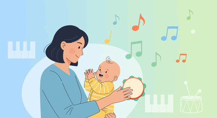 Obraz premium Delightful illustration of a mother and baby enjoying music together with musical notes background providing a serene ambiance