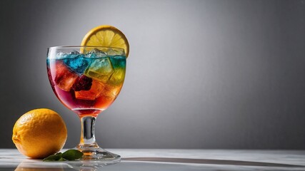 Magical cocktail with vibrant multicolor tones served with ice and lemon creating a dazzling visual experience and refreshing taste for creative mixology and festive moments