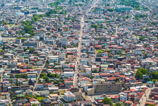 Aerial view of houses and buildings tightly packed together, with Honcho street bisecting the scene, creating a rhythmic pattern from above, Japan.