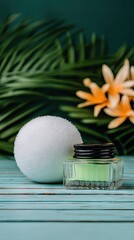 Close-up of White Cosmetic Powder Puff and Green Bottle with Tropical Leaves
