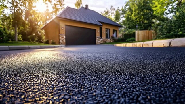 Freshly laid blacktop asphalt enhances the driveway entrance to a home.
