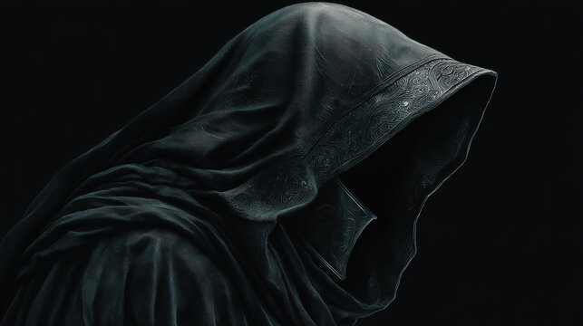 Mysterious figure wearing dark hooded cloak in shadows