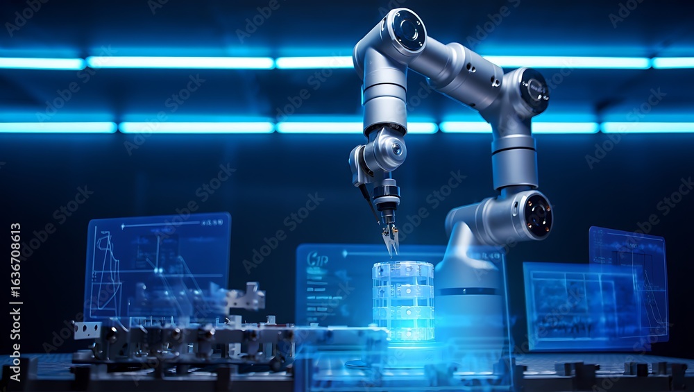 Aufkleber advanced robotic arm with futuristic holographic interface in a modern factory