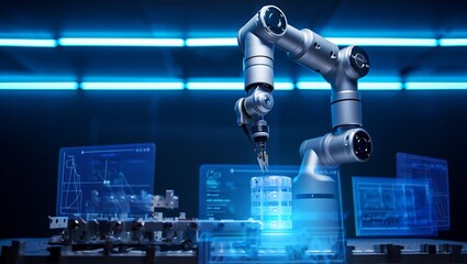 Advanced robotic arm with futuristic holographic interface in a modern factory