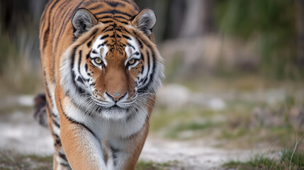 Fototapeta premium Siberian tiger walking towards observer in natural habitat