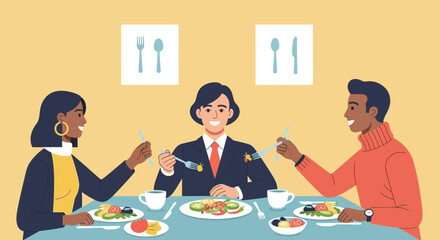 Diverse individuals share a meal together in a restaurant promoting inclusivity and healthy food choices
