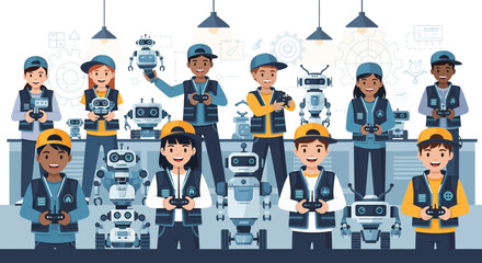 Diverse Robotics Club Members Displaying Homemade Robots In A Science Classroom