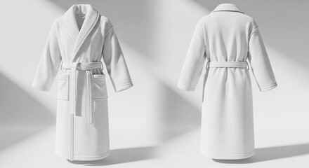 White Bathrobe Front and Back Views. Soft Terry Cloth Robe for Spa, Hotel, and Home Comfort.
