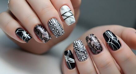 Black and White Nail Art Designs | Close-up of Manicured Nails with Abstract Patterns for Beauty and Fashion Marketing