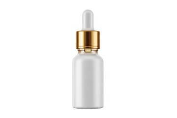 White bottle with a golden cap and dropper for a face serum mockup on a white isolated on a transparent background in PNG format.