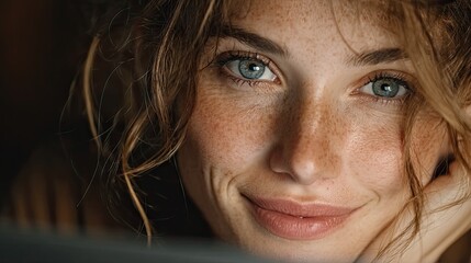 Close Up Portrait of a Freckled Woman with Blue Eyes Smiling
