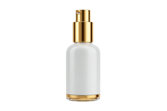 White bottle with a golden cap and dropper for a face serum mockup on a white isolated on a transparent background in PNG format.