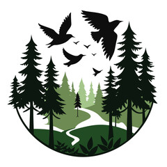 Obraz premium Silhouette of birds gracefully flying over a serene forest landscape at dusk or dawn