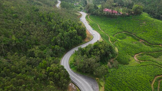 Drone shot of Gap Road in Munnar, cutting through misty hills and green tea estates. Scenic mountain road ideal for travel and landscape visuals.