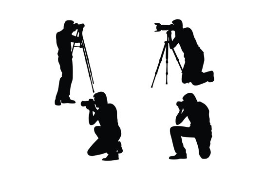 Photographer silhouettes : A collection of stylized silhouette depictions of professional photographers, capturing diverse perspectives and creative poses in a clean and adaptable graphic design.