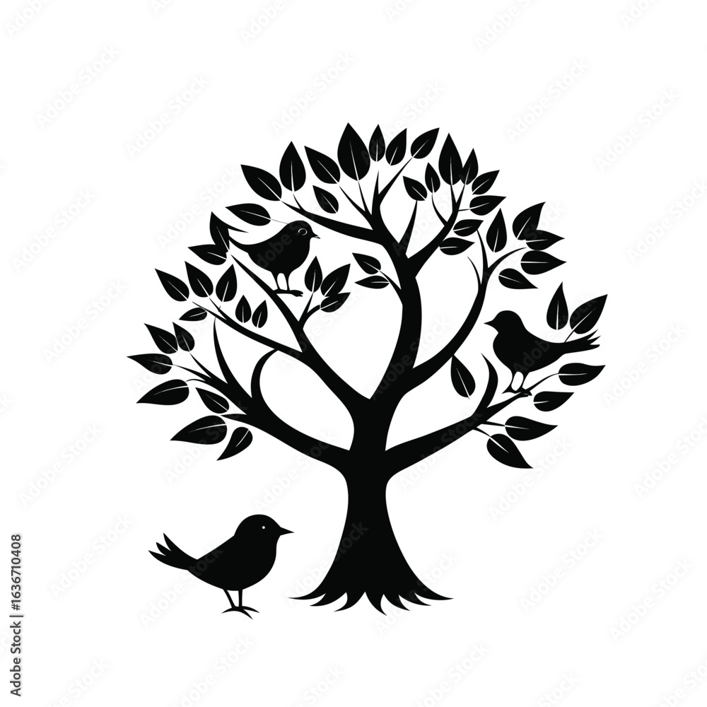 Poster stylized silhouette of a bird s nest with a bird perched inside a tree branch