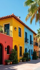 Fototapeta premium Vibrant Mediterranean-style townhouses painted in bright red, yellow, blue line sunny street. Arched windows, terracotta roofs, palm trees create tropical paradise atmosphere. Picturesque street