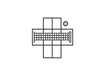 A simple line drawing of a pickleball court with a net and a ball on a white background