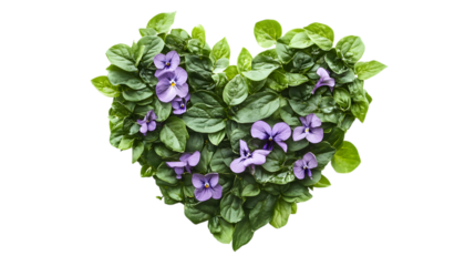 Dense Heart Arrangement of Purple Violets and Lush Green Leaves on Transparent Background for Botanical Designs