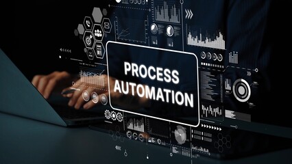 Hands Typing on Laptop with Overlay of Process Automation Icons and Graphs Representing Technology and Efficiency. Asymptotic smart data analytic.