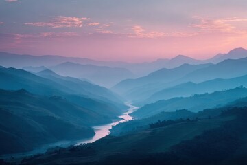 Obraz premium Calm river winding through mountainous valley under pastel dawn sky.