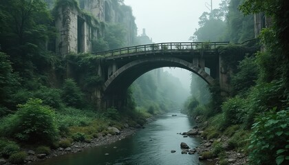 Fototapeta premium Overgrown ruins of city surround river flowing under old bridge. Dense jungle vegetation covers crumbling concrete structures, mossy stone elements. Fog, mist add dark, mysterious atmosphere to