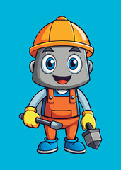 Fototapeta premium Cartoon construction worker in safety gear. holding tools. against a light blue background. Friendly construction worker character with tools in a professional work environment.