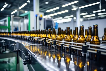 Glass brown bottles of beer on conveyor belt with light, concept brewery plant production line, beer bottling factory