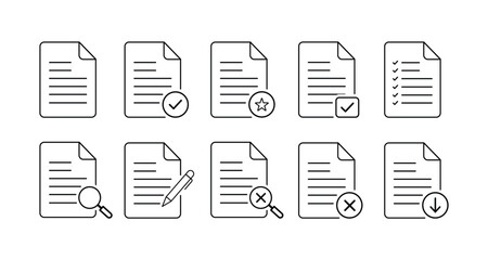 Document icon set. Representing Document Actions, task, checklist, approval, rejection, review, download, cross sign. vector illustration. transparent background.  
