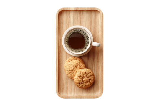 A wooden tea tray with cookies and coffee on it, simple background, white space in the middle of the picture, product photography, front view isolated on a transparent background in PNG format.