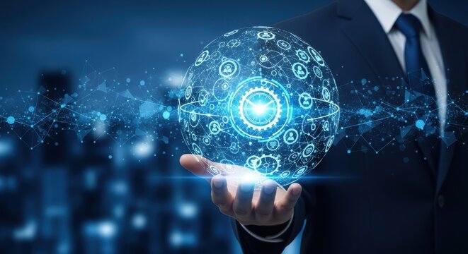 Businessman holding digital globe with network connection and data transfer - Powered by Adobe