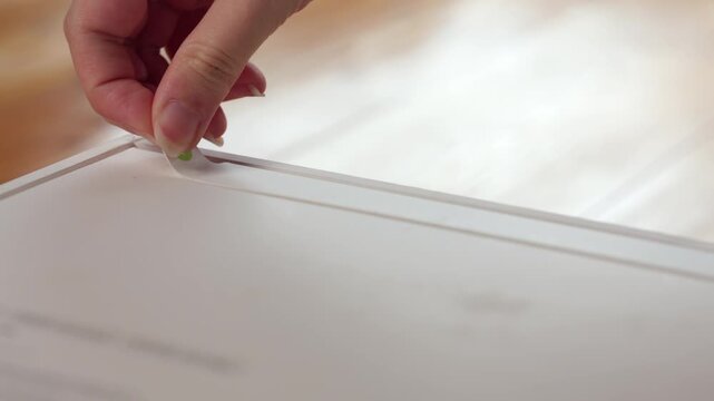 A woman hand removes a paper seal from a new white cardboard product package. Close-up view.
