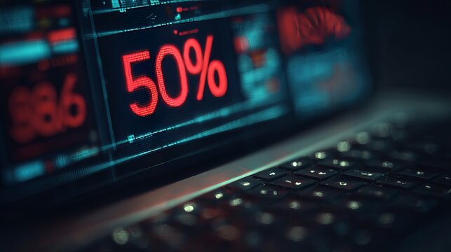 Flashing discount ads displayed on laptop screen during Black Friday sale with 50 percent off promotion Generative AI